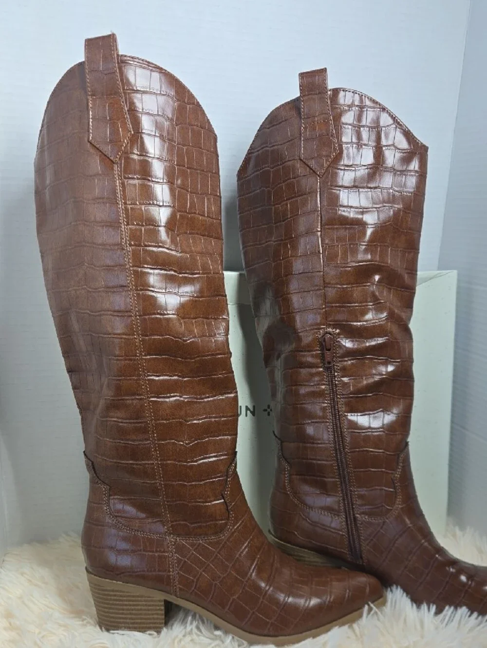 NWT Sun + Stone Brown Croc-Embossed Over-The-Knee Boots